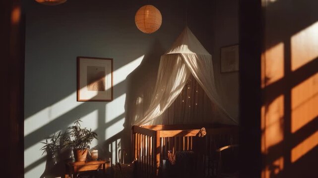 Sunlit bedroom with a canopy bed draped in netting, a hanging paper lantern, potted plants, and diagonal light streaming across the wall