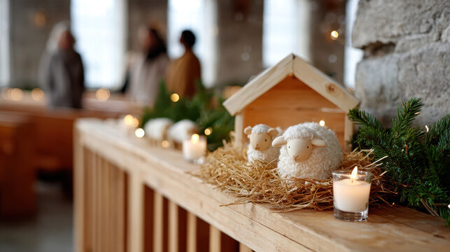 Indoor nativity scene with sheep figures on straw and lit candles in a bright church interior during christmas season