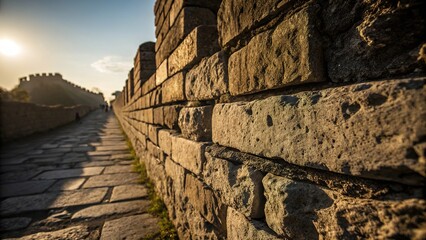 Weathered stone wall at sunset highlights ancient craftsmanship and historical significance