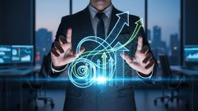 Businessman holding glowing digital chart with upward trending arrows representing business growth and financial success in office - Powered by Adobe