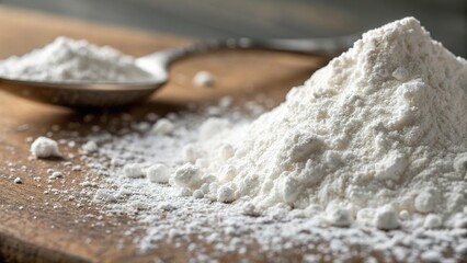 Detailed view of white powder on a wooden surface alongside a spoon unit for culinary uses in a kitchen setting
