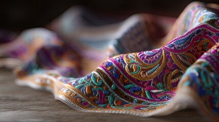 Vibrant Detailed Textile Fabric with Intricate Embroidery Patterns in Rich Colors on Soft Surface