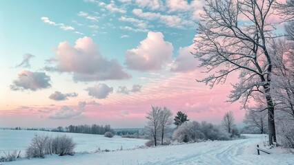 Obraz premium Winter pastel sky gradient over a snowy landscape with trees at dusk