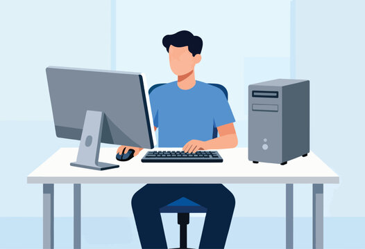 A person in a blue shirt sits at a desk working on a desktop computer. Clean white desk. Vector illustration