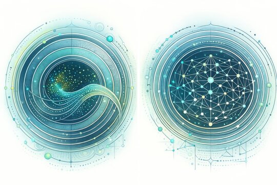 Abstract visual representation of cosmic elements and interconnected networks illustrating the concept of synergy and holistic integration in digital innovation and creativity