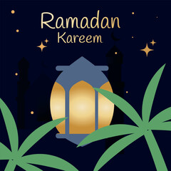 Ramadan Kareem greeting card. Lantern, palm, star on dark background. Vector illustration