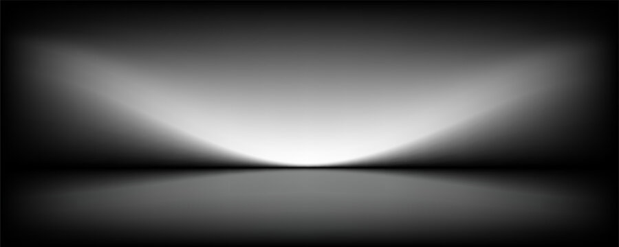 white studio background. Abstract limbo podium studio room. Dark white gradient wall floor and spotlight scene. Showcase, promotion display. Vector stage mockup illustration