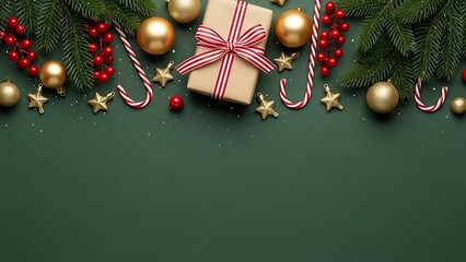 Festive christmas holiday flat lay with a beautifully wrapped gift box golden ornaments candy canes holly berries and pine branches arranged on a dark green background with copy space