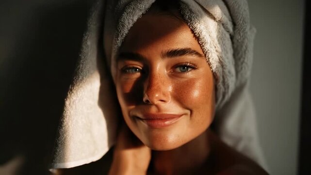 Smiling woman with a towel wrapped around her head, bathed in warm light.