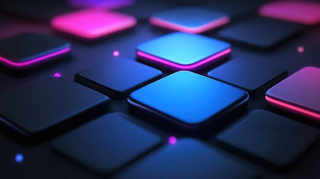 Close-up of a grid of dark, square, 3D objects with neon pink and blue highlights, creating a futuristic, technological aesthetic