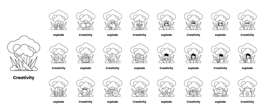 set of illustrations in the concept of bombs and creativity in a line style