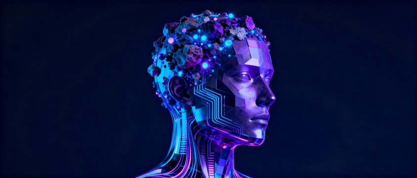 Neon-lit futuristic humanoid head in purple and blue, fused with circuitry, floral ornaments and holographic elements - a cybernetic portrait of artificial intelligence.