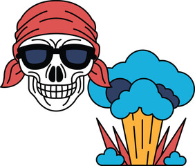 A skull with a bandana on its head is next to a cloud of smoke