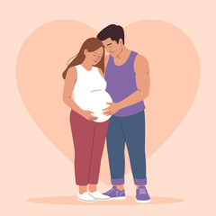 A touching illustration of a couple celebrating pregnancy, with their hands on the expectant mother's belly, embodying love, happiness, and the anticipation of parenthood.