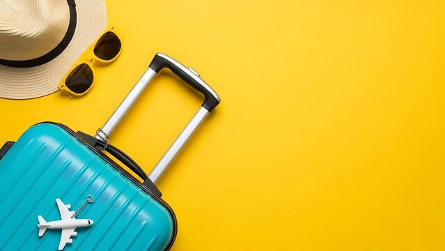 Bright and cheerful travel essentials laid out on a vibrant yellow background featuring a turquoise suitcase sunglasses and a straw hat perfect for vacation and holiday themes