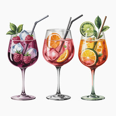 Enjoy a vibrant display of three beautifully crafted cocktails in stylish glassware, each adorned with fresh fruits and ice, representing a refreshing experience for gatherings.