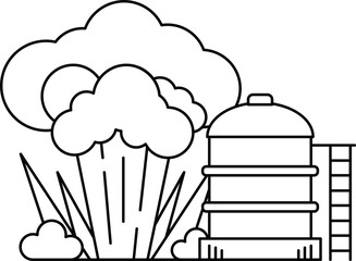 A black and white drawing of a cloud of smoke and a large tank