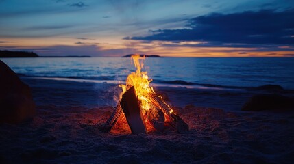 A campfire burning on a beach at dusk with ocean in background