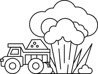 A black and white drawing of a truck driving through a field of dirt