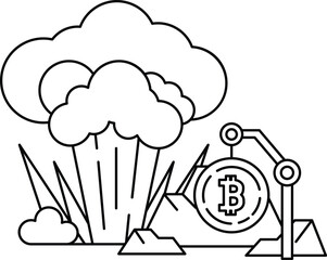 A black and white drawing of a bomb exploding in the sky with a Bitcoin symbol i
