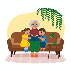 A heartwarming scene depicting a grandmother reading a story to her two grandchildren on a cozy sofa, surrounded by greenery, highlighting joy and family bonding.