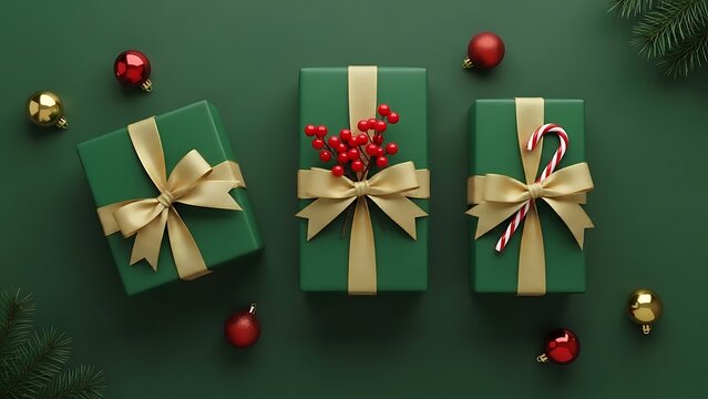 Festive christmas presents wrapped in elegant green paper with golden ribbon bows adorned with holly berries and candy canes scattered with baubles and pine needles on a dark green background top down