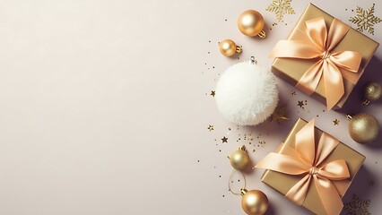 Elegant gold and white christmas holiday flat lay with gift boxes ornaments and sparkling confetti on a neutral background for festive celebrations and seasonal greetings