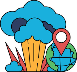 A black and white drawing of a cloud with a map of the world and a globe