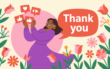 This vibrant illustration features a joyful woman expressing gratitude surrounded by colorful flowers and social media reaction icons, reflecting positivity and appreciation.