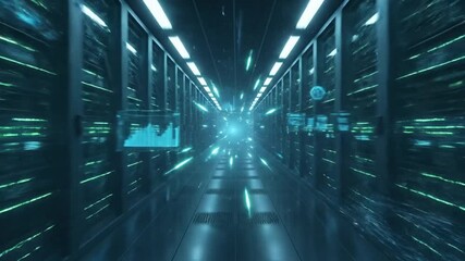 Futuristic Data Center Corridor with Glowing Blue Lights and Digital Information Flowing Through Server Racks - Powered by Adobe
