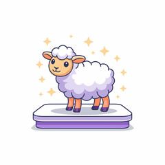 This charming illustration features a cute sheep with fluffy wool standing proudly on a display platform, surrounded by sparkling stars, radiating joy and cuteness.
