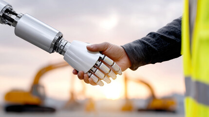 Human hand and robotic hand shaking in a construction site, symbolizing collaboration between technology and humanity, with machinery in the background showcasing innovation and progress