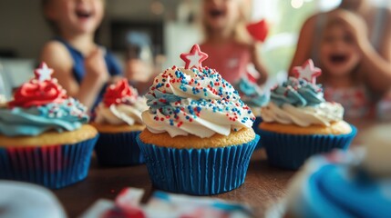 Patriotic cupcakes with children celebrating in the background