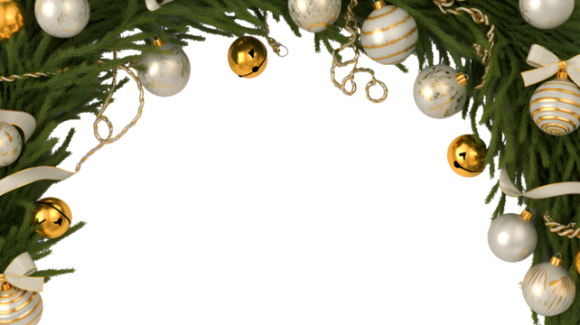 Christmas tree branch decorated with ornaments bells and ribbons on a black background framing space
