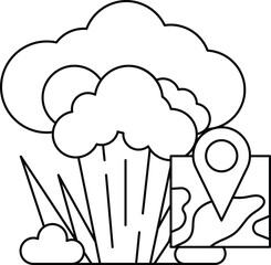 A black and white drawing of a cloud with a map of a city in the background