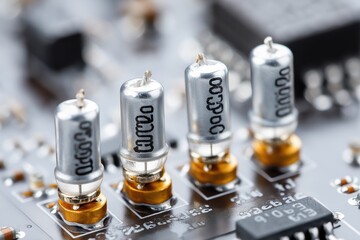 Ultra-macro of surface-mount capacitors on circuit board, crisp solder joints and metallic detail in soft lab lighting