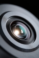 Closeup of modern VR headset lens with concentric reflections and matte textured frame