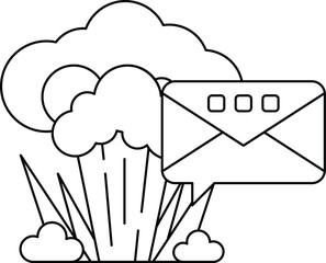 A white and black drawing of a cloud with a large explosion in the middle