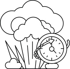 The clock is surrounded by a cloud of smoke and a large explosion