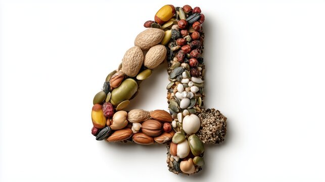 Assortment of nuts and seeds creating the number four on a white background