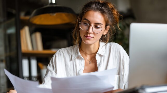 Woman concentrating on paperwork while using a laptop in a productive office environment