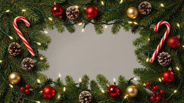 Festive holiday border of evergreen, ornaments, candy canes, pinecones, and lights