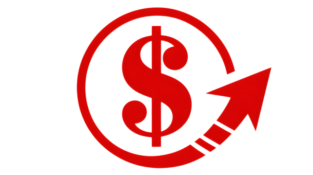 Red dollar sign with arrow pointing up and around in a circular motion on a black background