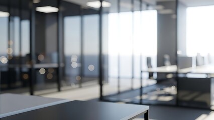 Modern Office Interior Bokeh: Bright, Minimalist Workspace with Glass Walls, Desks, Computers, and Silhouetted Employees for Corporate, Business, and Technology Backgrounds