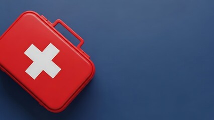 A bright red first aid kit with a white cross symbol is positioned on a dark blue background conveying a sense of preparedness and emergency medical care