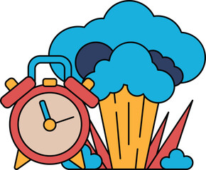 A clock is shown with a cloud in the background