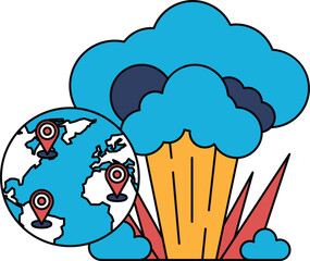 A black and white drawing of a planet with a cloud of smoke coming out of it