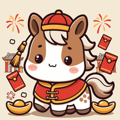 Adorable Chibi Horse for Spring Festival Greeting Card