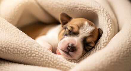 Adorable newborn puppy sleeping in cozy blanket