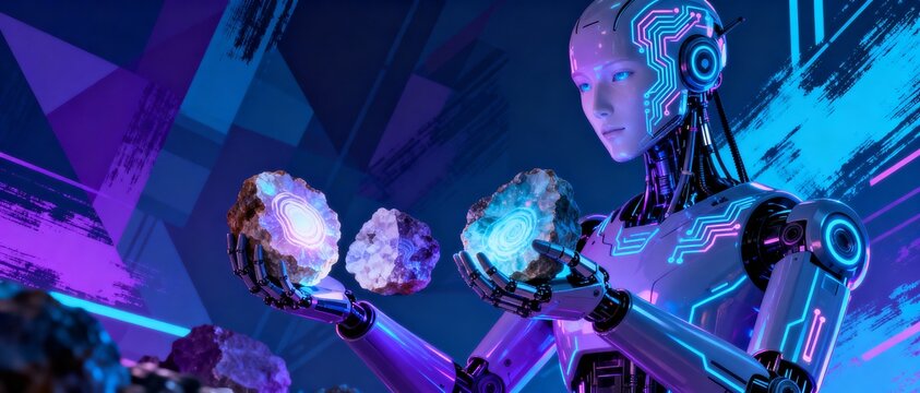 Neon-lit humanoid robot examines glowing crystals amid cyberpunk circuitry, blending AI, robotics, and futuristic technology.